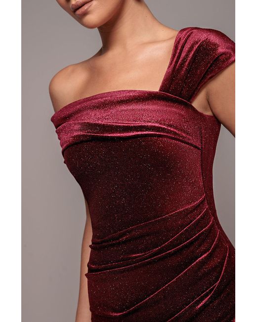 Goddiva Red Glitter Velvet One Shoulder Maxi Dress