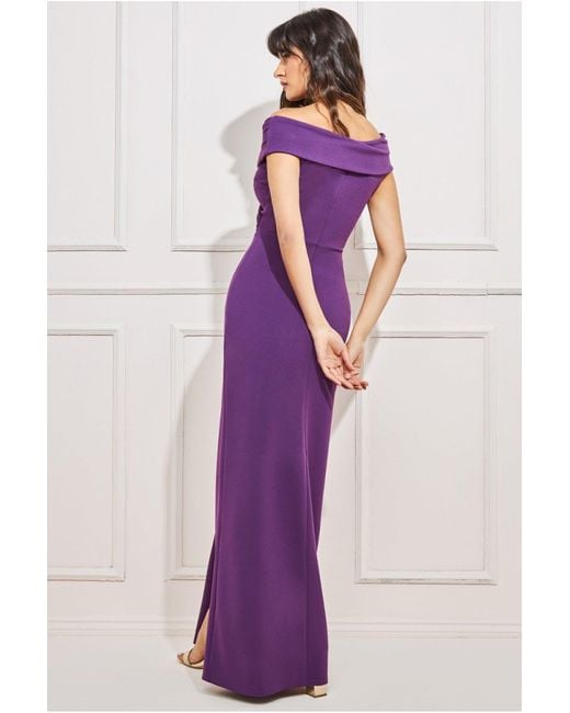 Goddiva Purple Scuba Bardot Wrap Maxi Dress