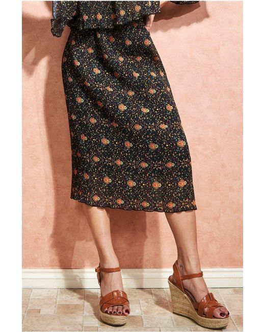 City Goddess Black Printed Shirred Midi Skirt