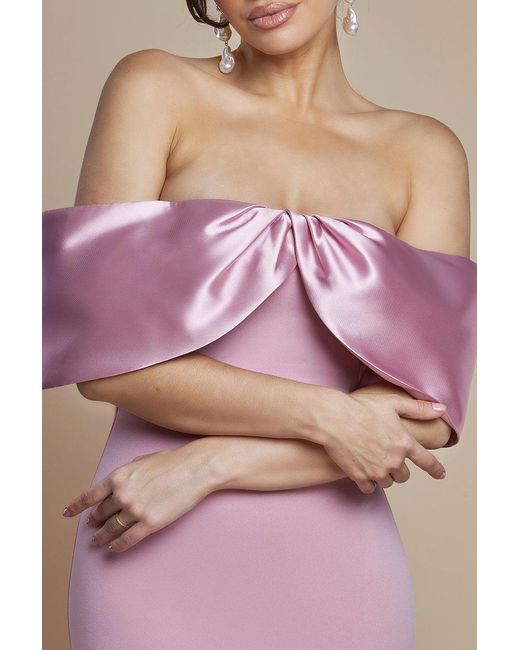 Goddiva Pink Twist Knot Satin & Scuba Bardot Maxi Dress