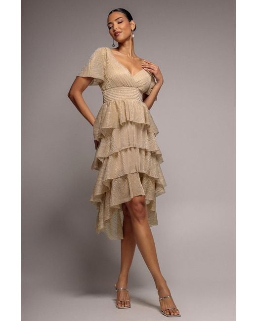 Goddiva Brown Crinkle Lurex High Low Layered Midi Dress