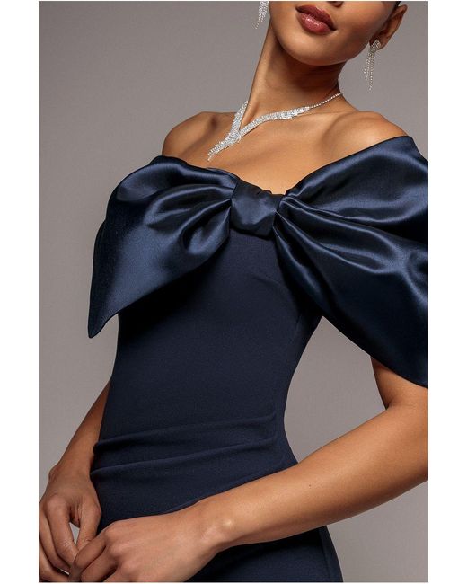 Goddiva Blue Off The Shoulder Satin Bow Neck Maxi Dress