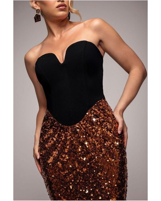 Goddiva Brown Scuba Crepe & Sequin Dipped Waist Strapless Maxi Dress