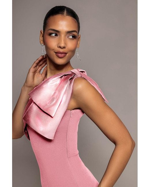 Goddiva Pink One Shoulder Satin Bow Scuba Crepe Maxi Dress