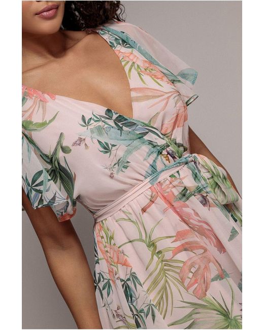 Goddiva Pink Floral Printed Flutter Sleeve Chiffon Midi Dress