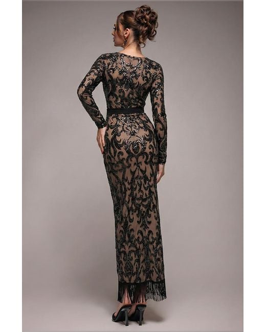 Goddiva Black Tassel & Sequin Maxi With Front Split