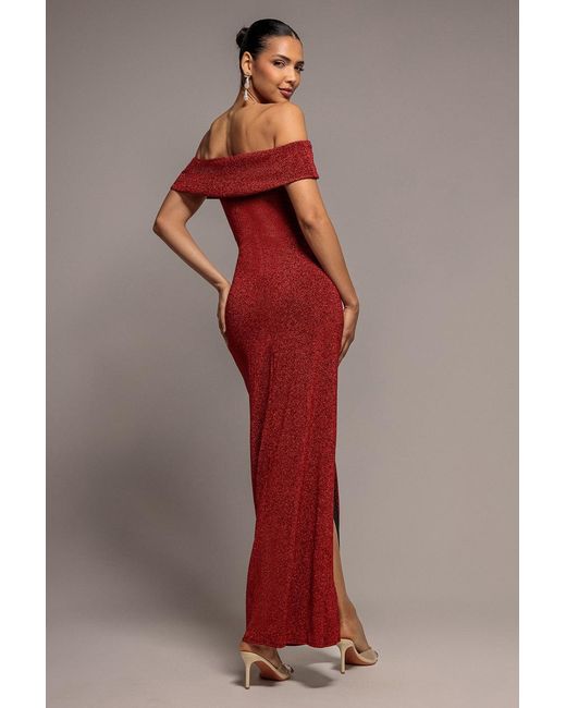 Goddiva Red Sparkle Bardot Maxi With Waterfall Ruffle