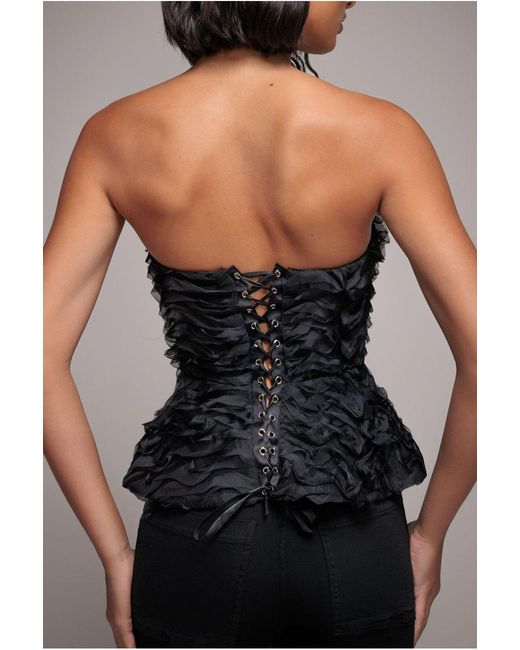 Goddiva Black Peplum 3D Textured Boob Tube Lace Up Corset