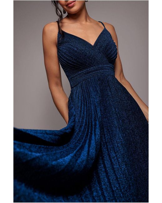 Goddiva Blue Sleeveless Pleated A Line Lurex Maxi Dress