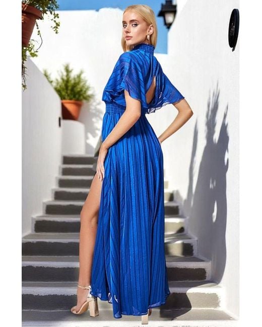 Goddiva Blue Keyhole High Neck Flutter Sleeve Maxi