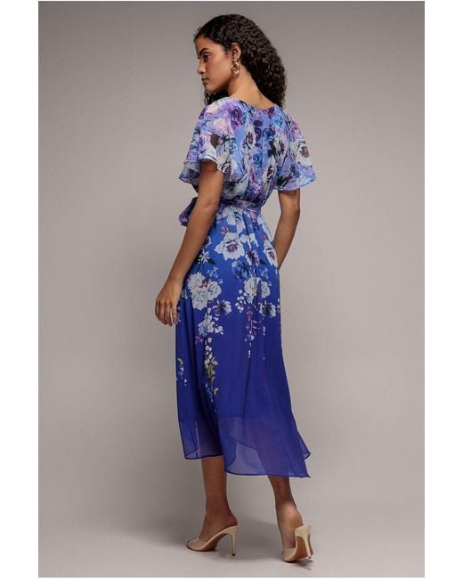 Goddiva Blue Flutter Sleeve A-Line Chiffon Floral Printed Midi Dress