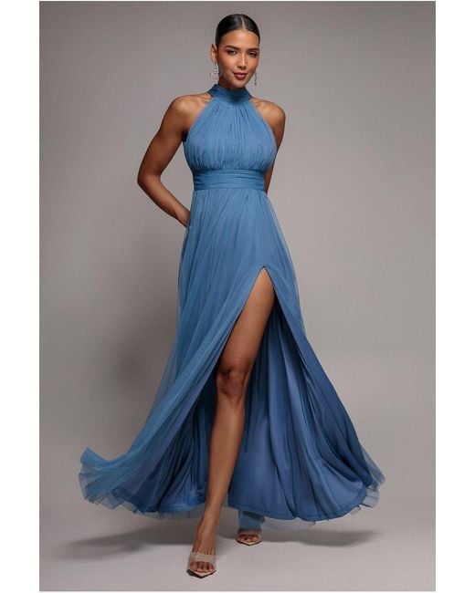 Goddiva Blue Halter Neck Mesh Tie Maxi Dress