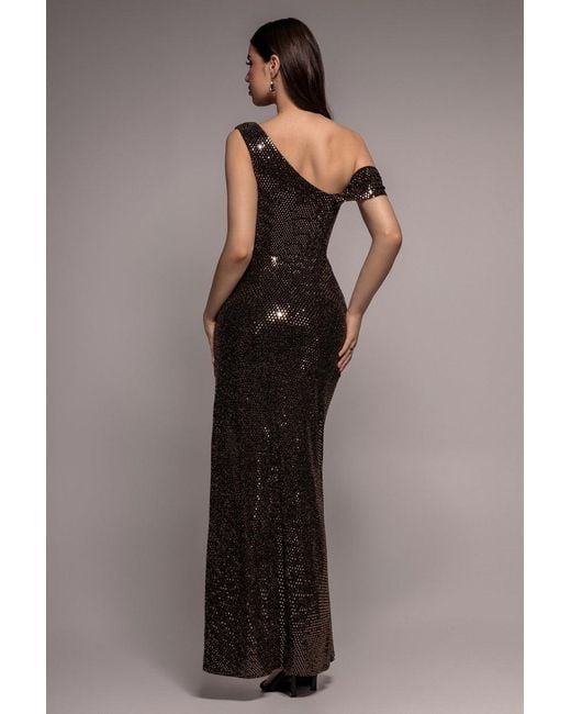 Goddiva Brown Cowl Neck Sequin Glitter Draped Maxi Dress