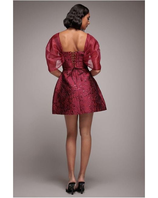Goddiva Brown Lace Up Jacquard Mini Dress With Organza Wings