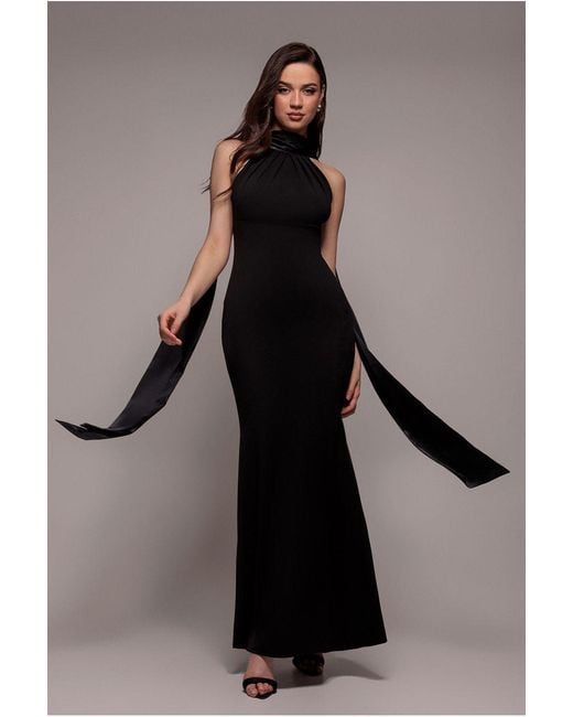 Goddiva Black Satin Multi-Tie Halterneck Maxi Dress