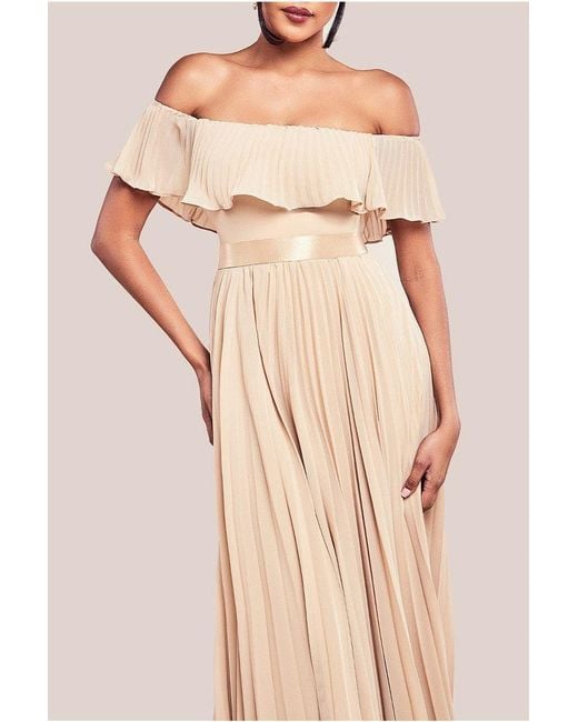 Goddiva Natural Pleated Chiffon Off Shoulder Maxi Dress