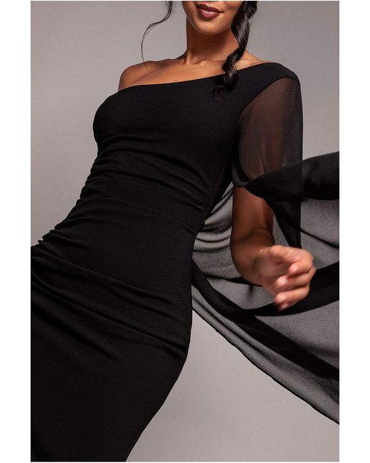 Goddiva Black One Shoulder Cape Scuba & Chiffon Maxi Dress