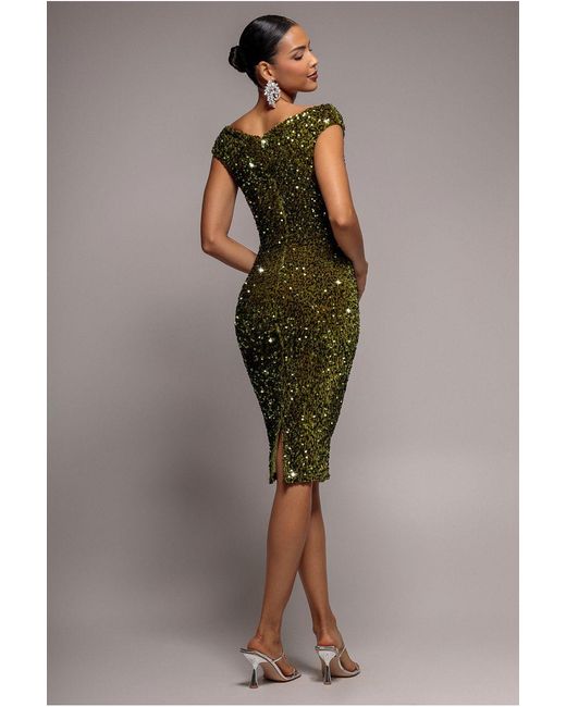 Goddiva Green Multi Sequin & Velvet Bardot Midi Dress