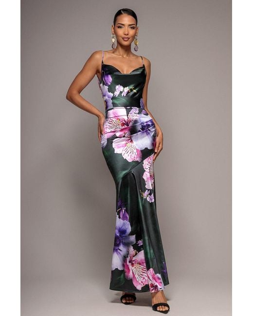 Goddiva Multicolor Floral Print Satin Cowl Neck Maxi Dress
