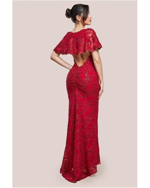 Goddiva Red Scalloped Cape Open Back Lace & Sequin Maxi Dress