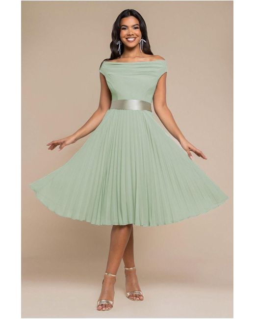 Goddiva Green Cowl Neck Pleated A-Line Chiffon Midi Dress