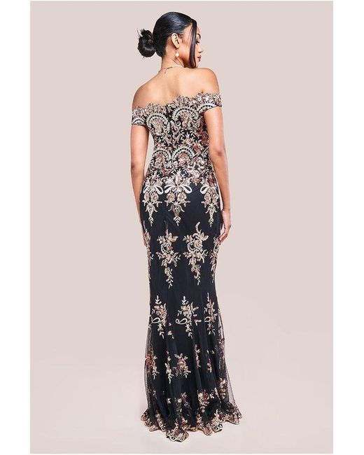 Goddiva Multicolor Bardot Sequin Embroidered Maxi Dress