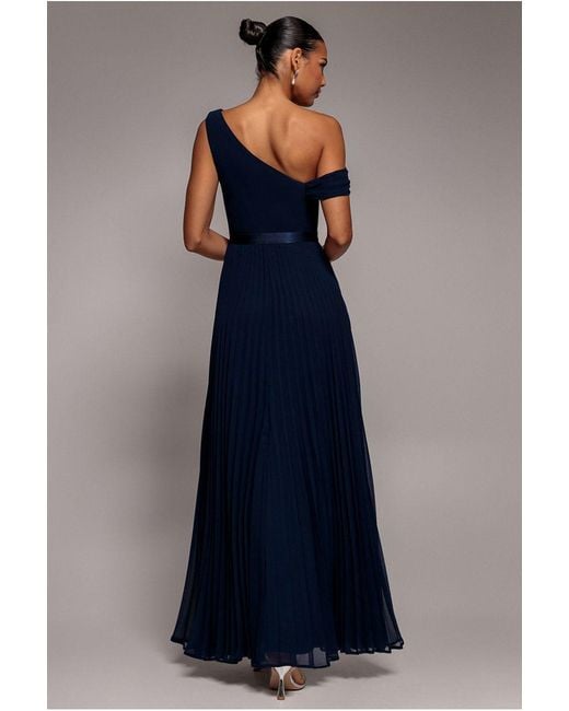 Goddiva Blue Cowl Neck One Shoulder A Line Chiffon Maxi Dress