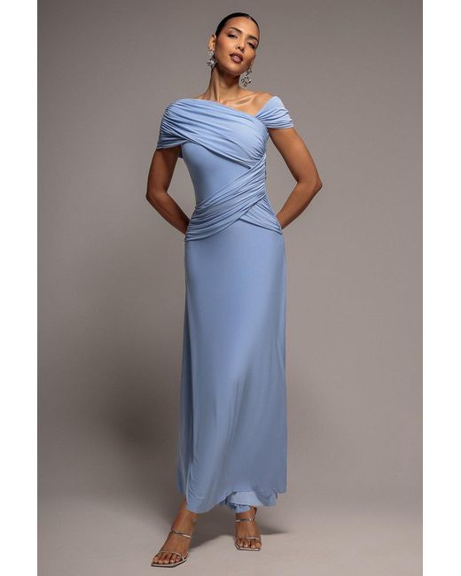 Goddiva Blue Asymmetric Neck Gathered Waist Maxi Dress