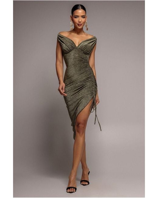 Goddiva Metallic Off The Shoulder Drawstring Side Midi