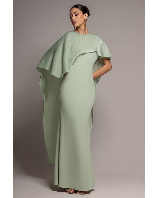 Goddiva Green Scoop Neck Velvet Satin Cape Sleeve Maxi Dress