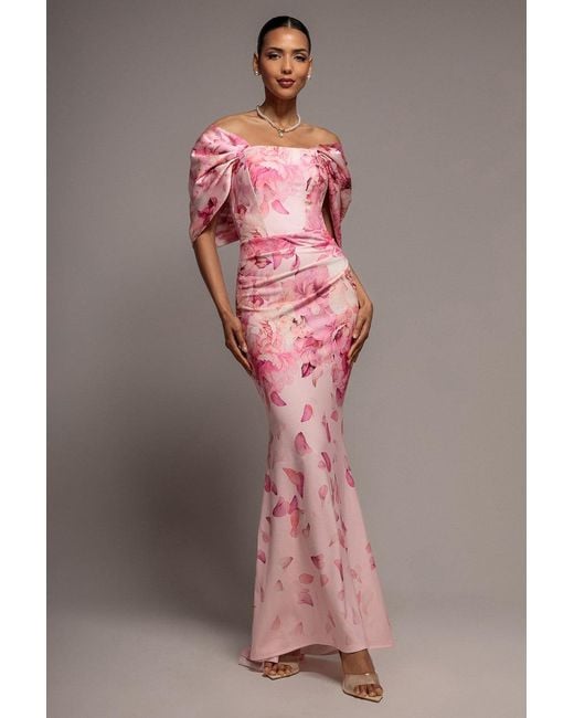 Goddiva Pink Printed Off Shoulder Satin Bow Back Maxi Dress