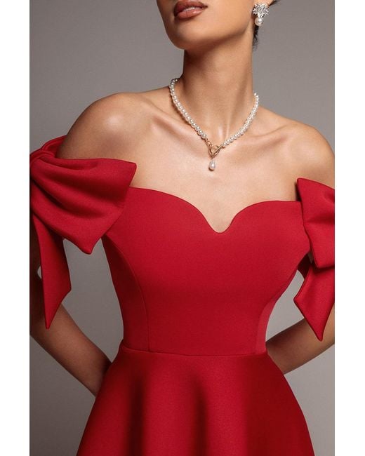 Goddiva Red Bardot Plunge Neck Bow Sleeve A Line Midi Dress