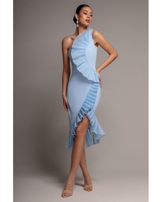 Goddiva Gray One Shoulder Pleated Fan Midi Dress