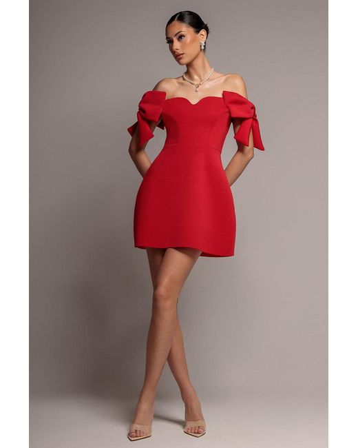 Goddiva Red Bardot Plunge Neck Bow Sleeve Skater Mini Dress