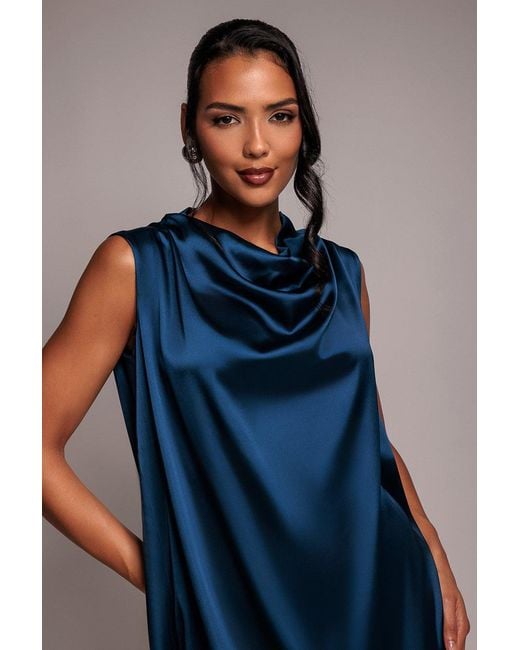 Goddiva Blue Cowl Neck Back Wing Satin High Low Midi Dress