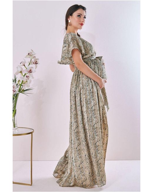 Goddiva Natural Maternity Wrap Printed Chiffon Maxi Snake Print