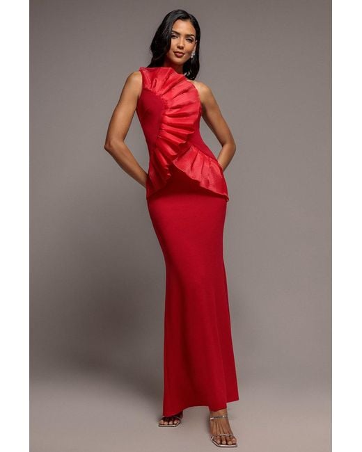 Goddiva Red One Shoulder Pleated Fan Maxi