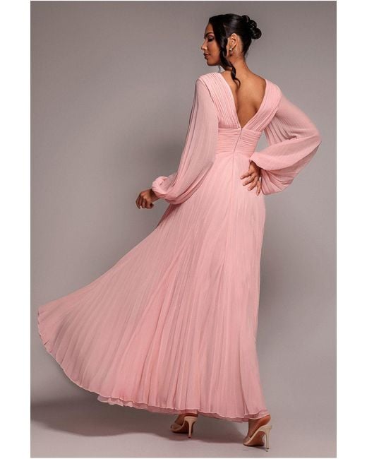 Goddiva Pink Balloon Sleeve Chiffon Maxi Dress