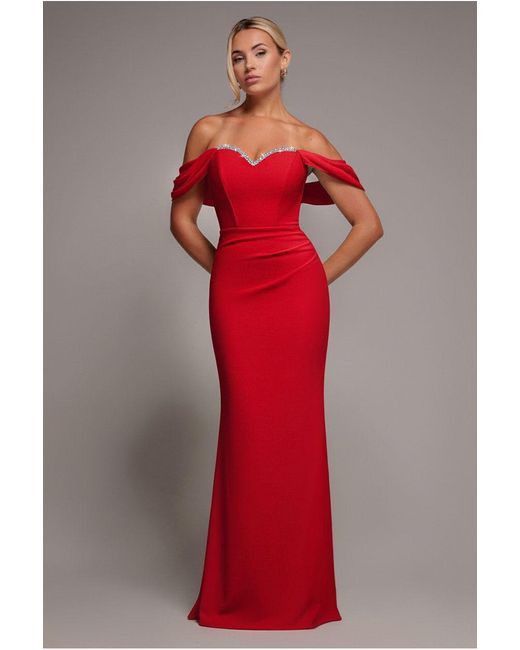 Goddiva Red Off The Shoulder Draped Sleeve Maxi Dress With Diamante Neckline