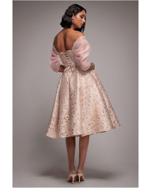 Goddiva Brown Lace Up Jacquard Midi Dress With Organza Wings