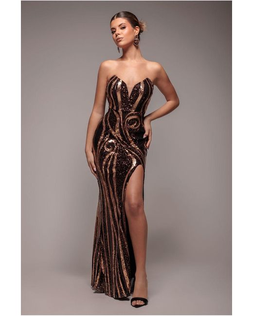 goddiva bandeau sequin embellished maxi dress in gold Goddiva Strapless Dresses for Women