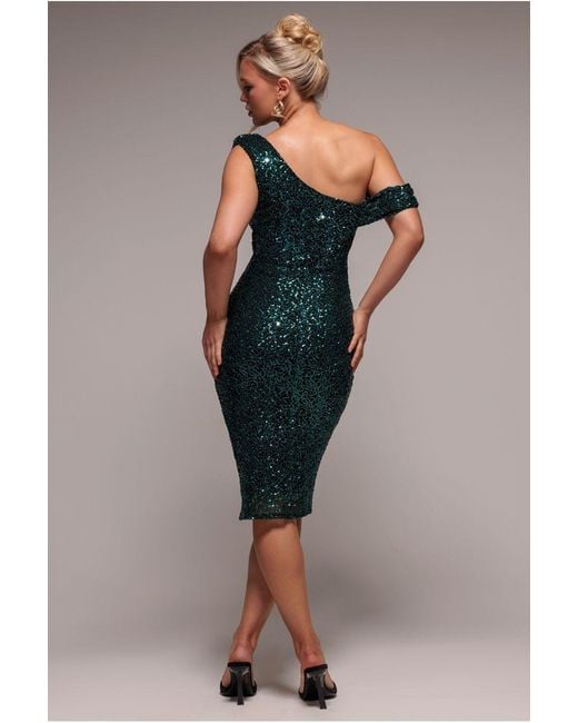 Goddiva Blue Sequin Cowl One Shoulder Midi Dress