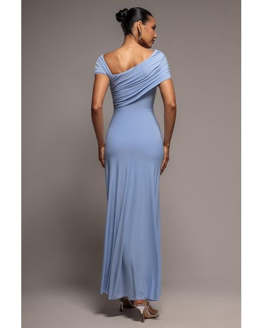Goddiva Blue Asymmetric Neck Gathered Waist Maxi Dress