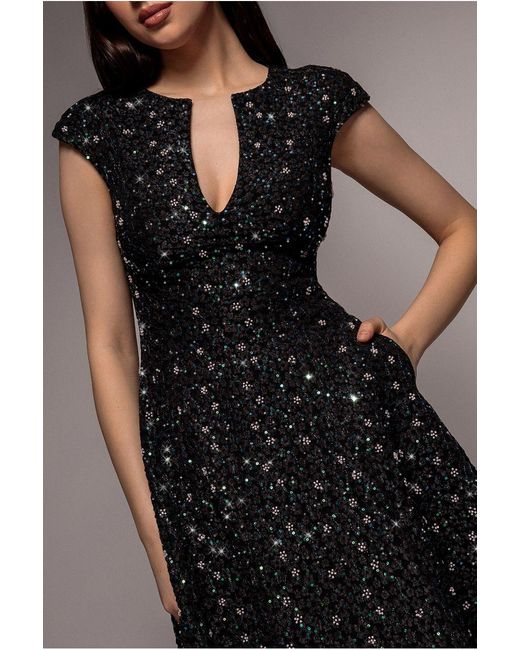 Goddiva Black Bead Embellished Jacquard A Line Midi Dress