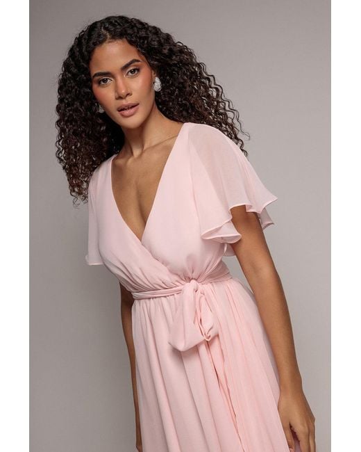 Goddiva Pink Flutter Sleeve Wrap Mini Dress With Elasticated Waist