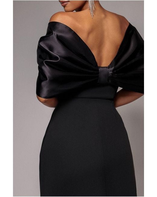 Goddiva Gray Off Shoulder Back Satin Bow Scuba Mini Dress