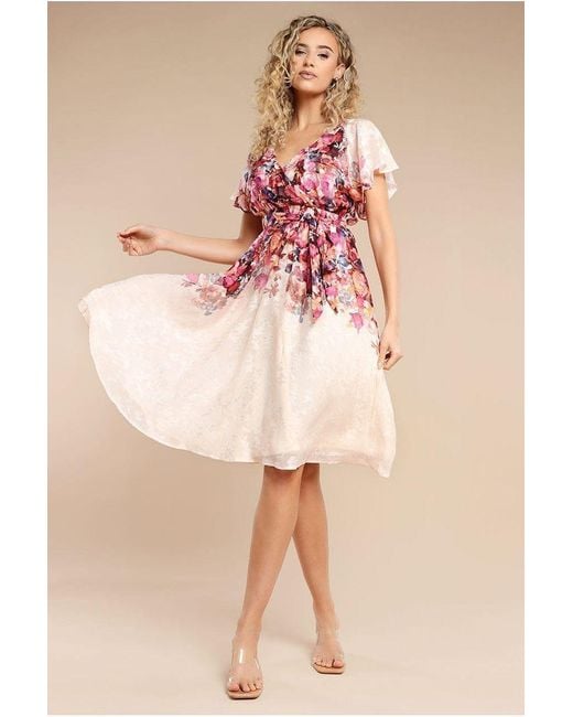 Goddiva Pink Floral Flutter Sleeve Wrap Midi Dress