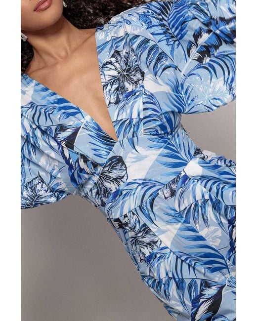 Goddiva Blue Tropical Print Jumpsuit