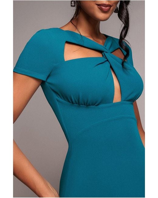 Goddiva Blue Scuba Crepe Twist Cutout Midi Dress