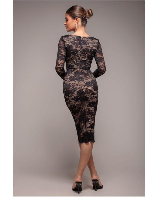 Goddiva Black Scalloped Lace Corset Bodice Midi Dress
